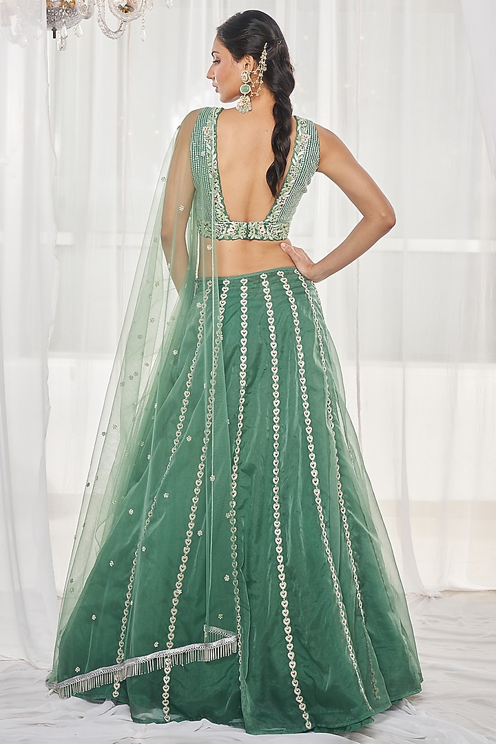 Teal Green Organza Cutdana & Resham Embroidered Wedding Lehenga Set by Disha Muchhala at Pernia's Pop Up Shop