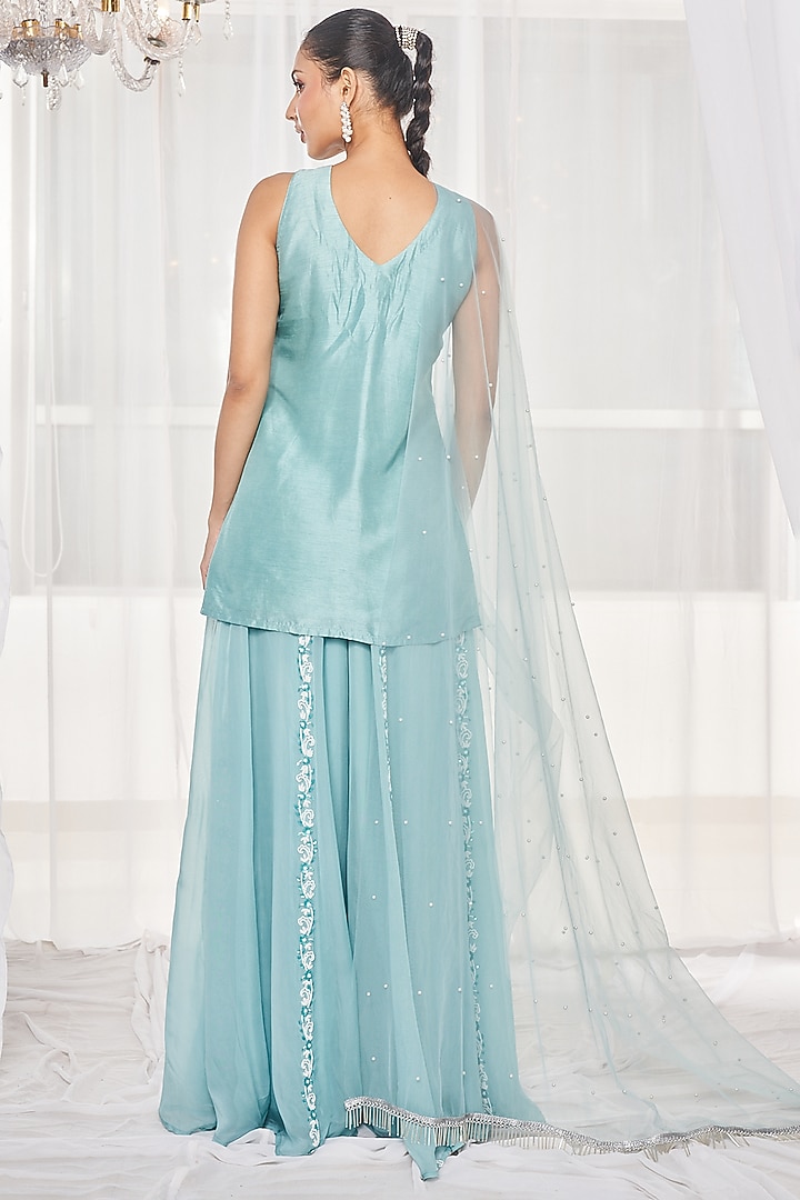 Candy Blue Silk Pearl & Sequins Embroidered Kurta Set by Disha Muchhala at Pernia's Pop Up Shop