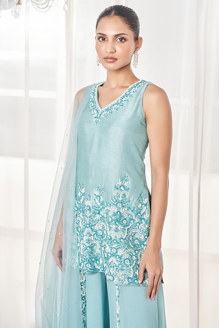 Candy Blue Silk Pearl & Sequins Embroidered Kurta Set by Disha Muchhala at Pernia's Pop Up Shop