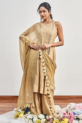 Beige Chanderi Zardosi Embroidered Kalidar Kurta Set by DISHA MUCHHALA
