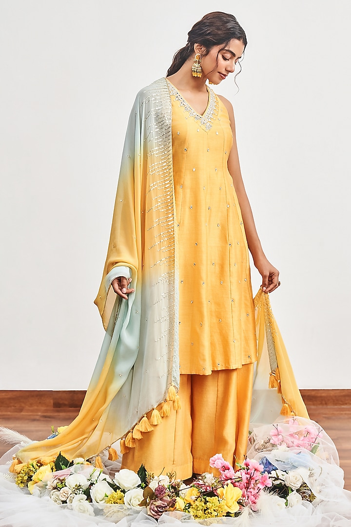 Mustard Yellow Chanderi Cutdana Embroidered Kalidar Kurta Set by DISHA MUCHHALA at Pernia's Pop Up Shop