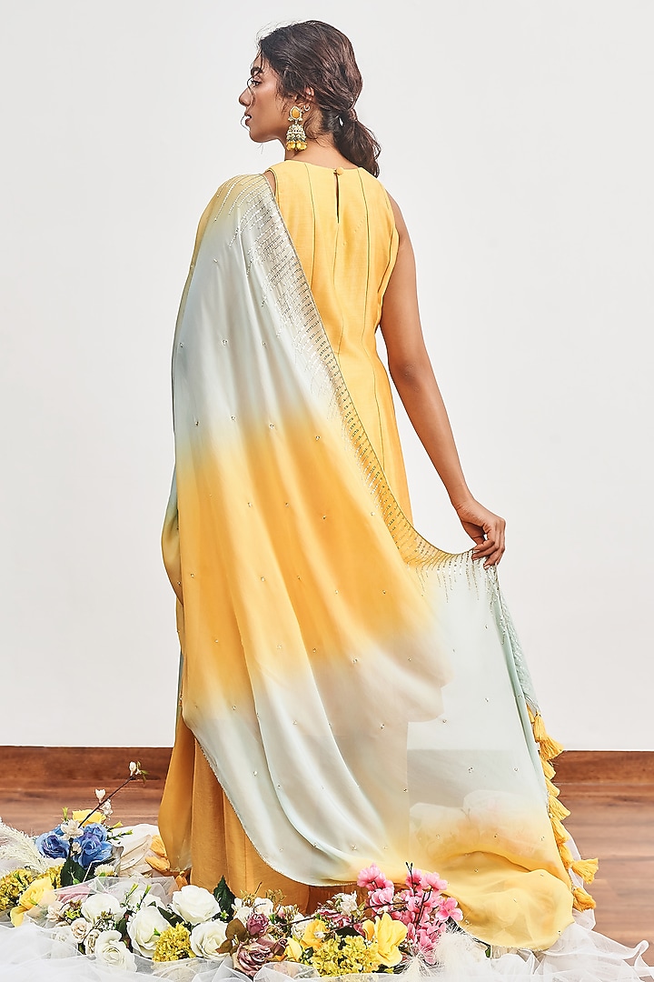 Mustard Yellow Chanderi Cutdana Embroidered Kalidar Kurta Set by DISHA MUCHHALA at Pernia's Pop Up Shop