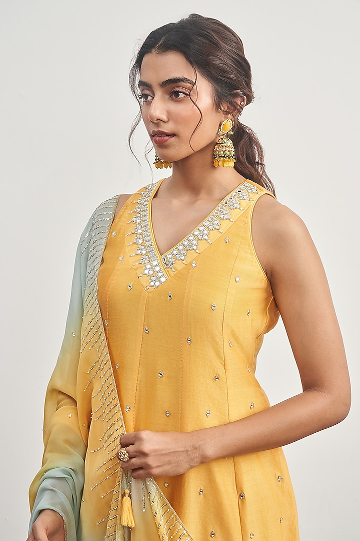 Mustard Yellow Chanderi Cutdana Embroidered Kalidar Kurta Set by DISHA MUCHHALA at Pernia's Pop Up Shop
