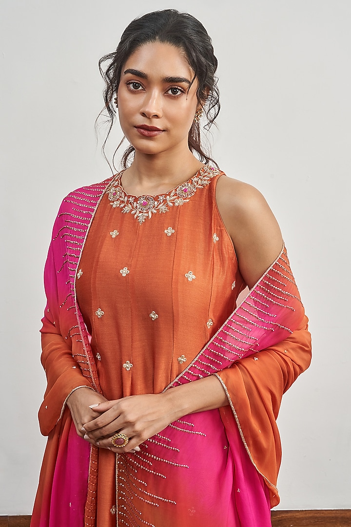 Burnt Orange Chanderi Zardosi Embroidered Kalidar Kurta Set by DISHA MUCHHALA at Pernia's Pop Up Shop