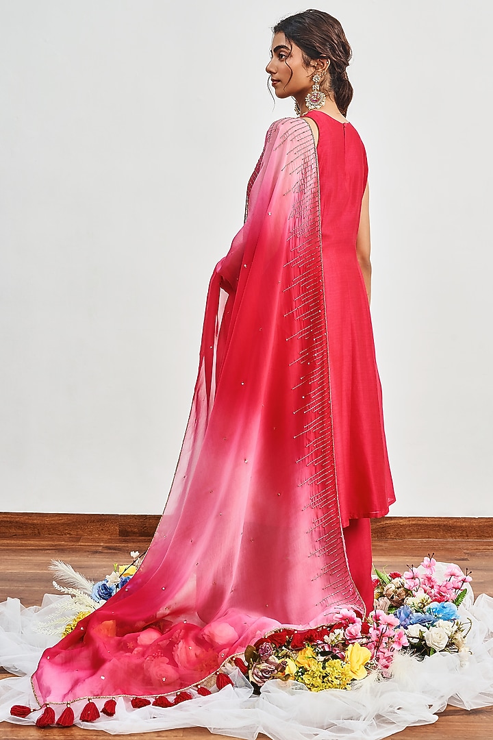 Crimson Pink Chanderi Cutdana Embroidered Kalidar Kurta Set by DISHA MUCHHALA at Pernia's Pop Up Shop