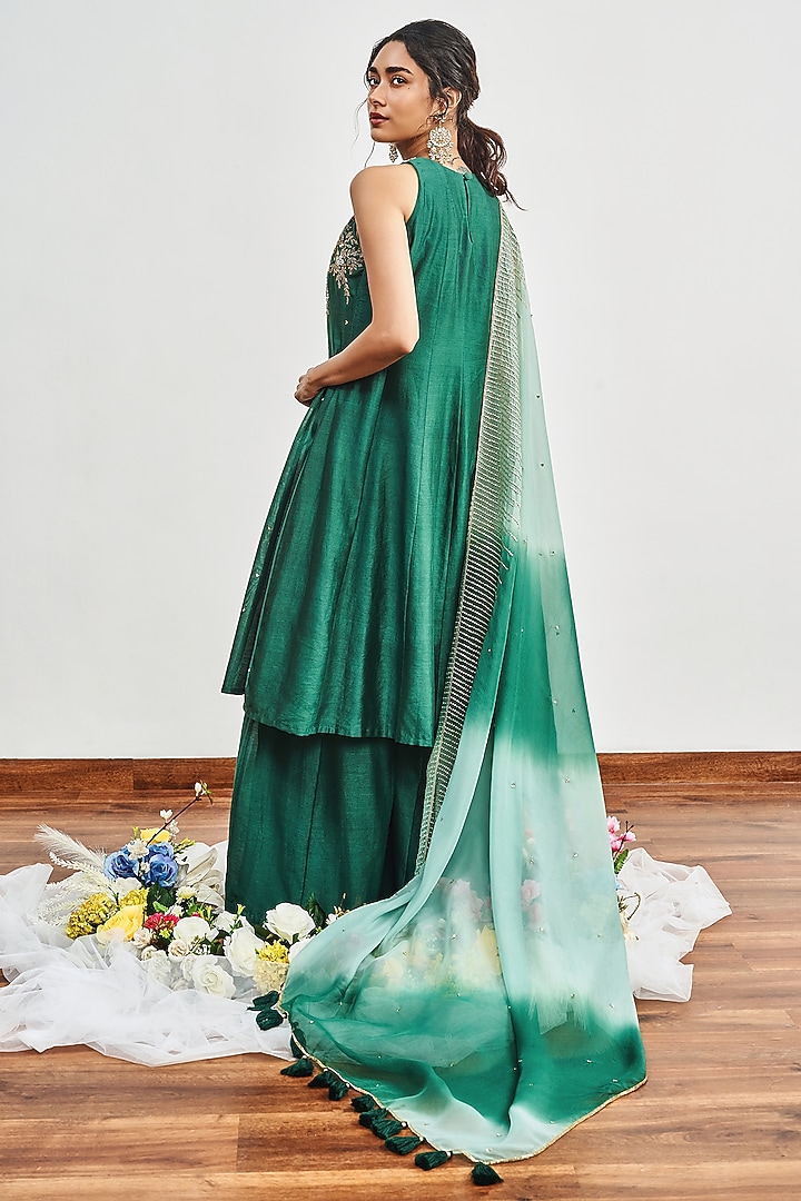 Bottle Green Chanderi Cutdana Embroidered Kalidar Kurta Set by DISHA MUCHHALA at Pernia's Pop Up Shop