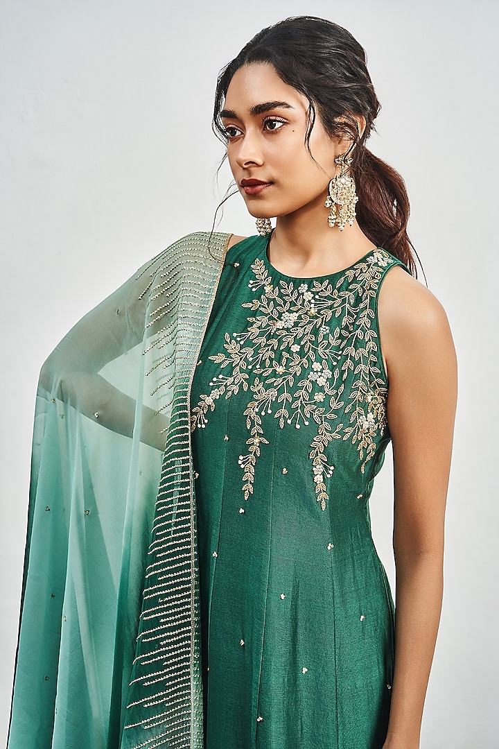Bottle Green Chanderi Cutdana Embroidered Kalidar Kurta Set by DISHA MUCHHALA at Pernia's Pop Up Shop