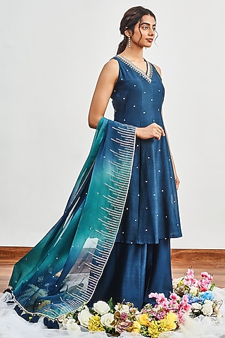 Teal Blue Chanderi Resham Embroidered Kalidar Kurta Set by DISHA MUCHHALA