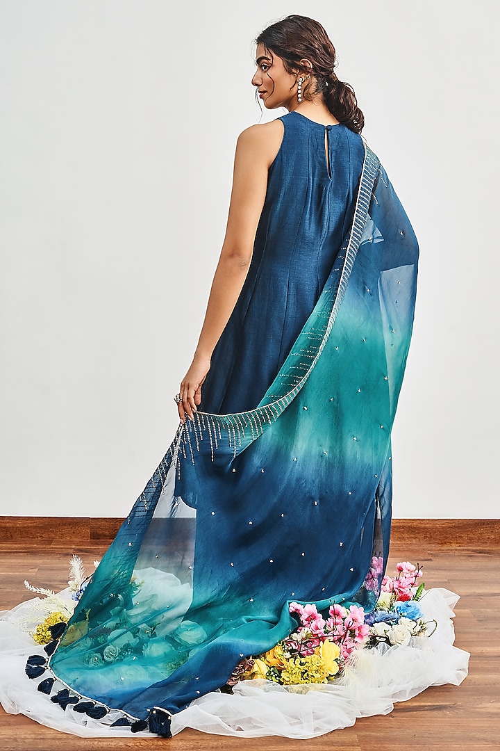 Teal Blue Chanderi Resham Embroidered Kalidar Kurta Set by DISHA MUCHHALA at Pernia's Pop Up Shop
