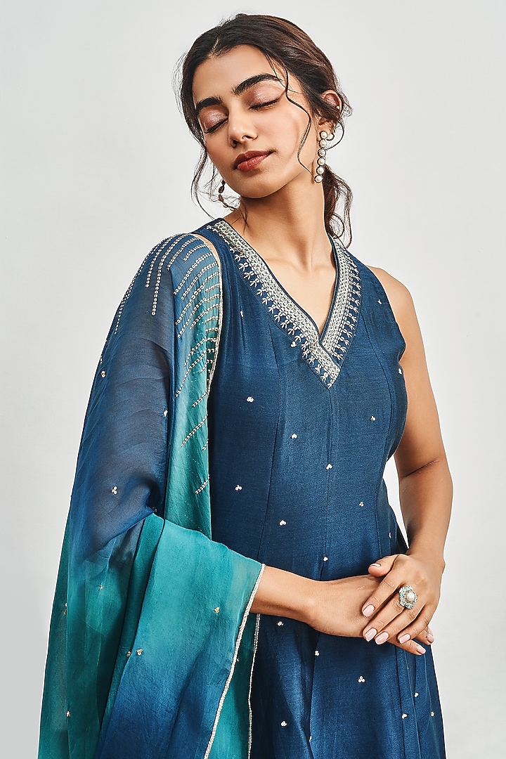 Teal Blue Chanderi Resham Embroidered Kalidar Kurta Set by DISHA MUCHHALA at Pernia's Pop Up Shop