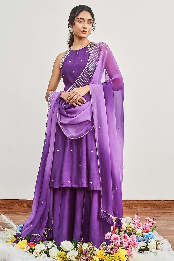 Purple Chanderi Cutdana Embroidered Kalidar Kurta Set by DISHA MUCHHALA at Pernia's Pop Up Shop