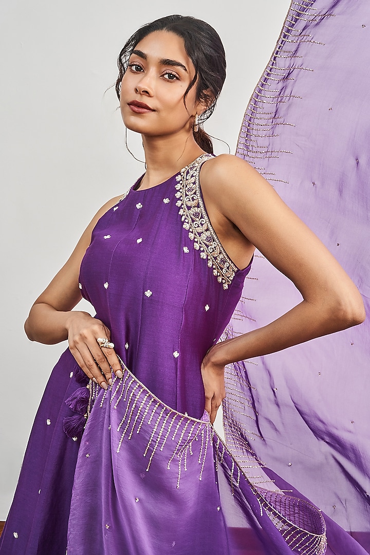 Purple Chanderi Cutdana Embroidered Kalidar Kurta Set by DISHA MUCHHALA at Pernia's Pop Up Shop