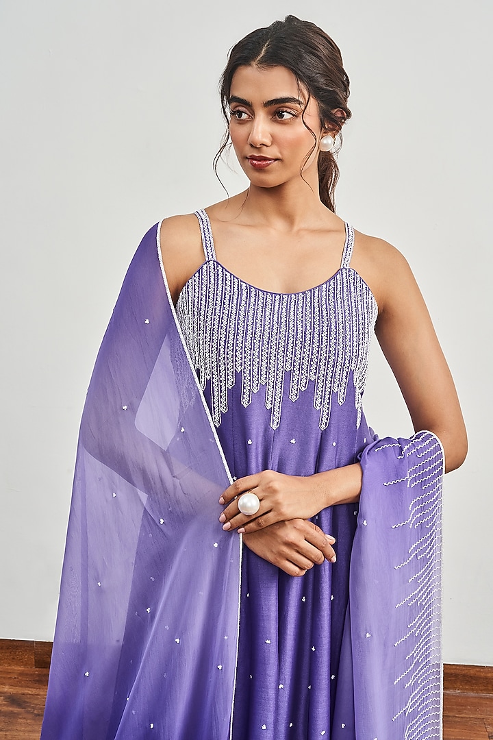 Ink Blue Chanderi Cutdana Embroidered Kalidar Kurta Set by DISHA MUCHHALA at Pernia's Pop Up Shop