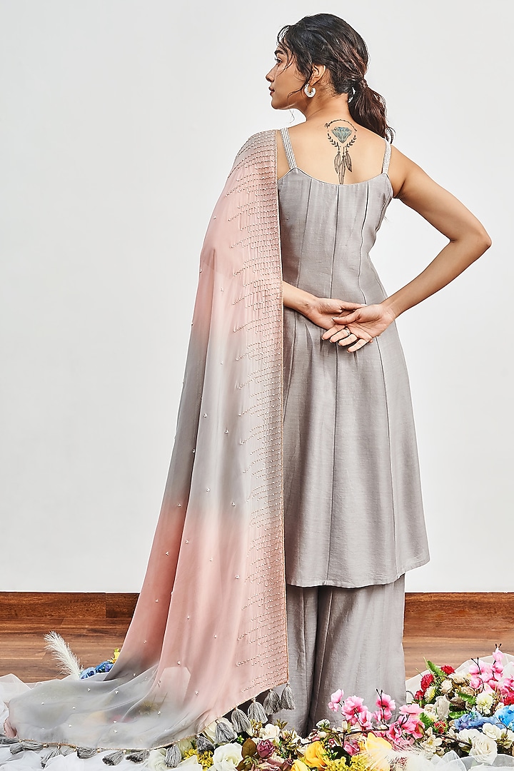 Grey Chanderi Pearl Embroidered Kalidar Kurta Set by DISHA MUCHHALA at Pernia's Pop Up Shop