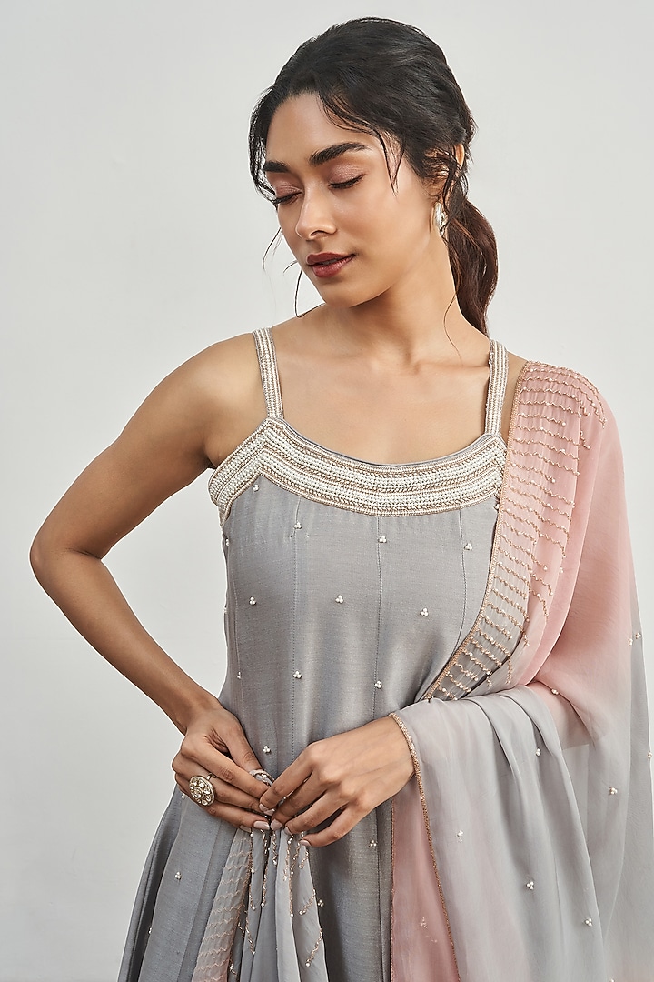 Grey Chanderi Pearl Embroidered Kalidar Kurta Set by DISHA MUCHHALA at Pernia's Pop Up Shop