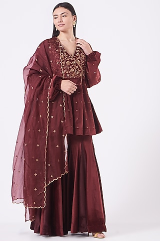 Maroon Swed Velvet Sharara Set by Dipti Chhabra
