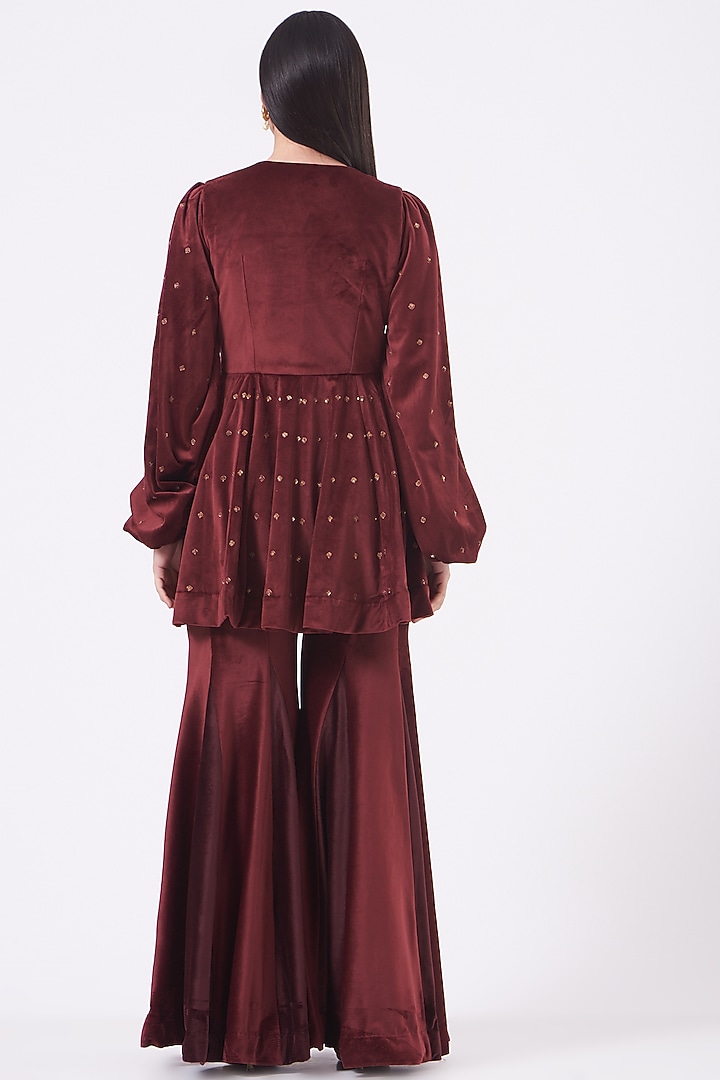 Maroon Swed Velvet Wedding Sharara Set by Dipti Chhabra at Pernia's Pop Up Shop