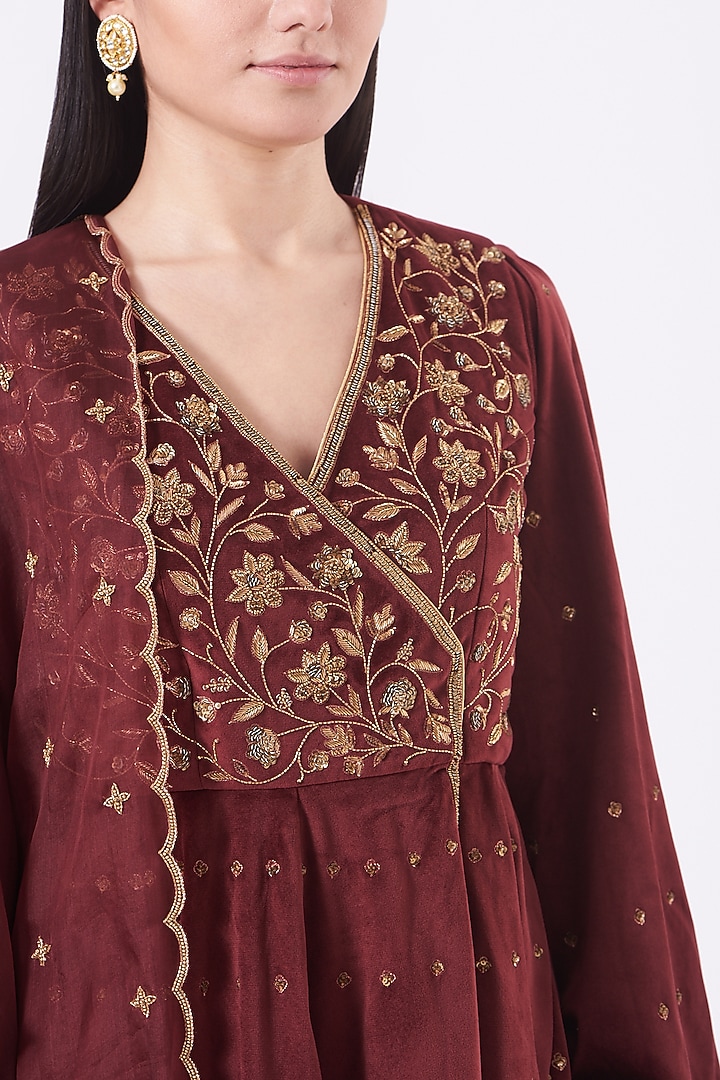 Maroon Swed Velvet Wedding Sharara Set by Dipti Chhabra at Pernia's Pop Up Shop