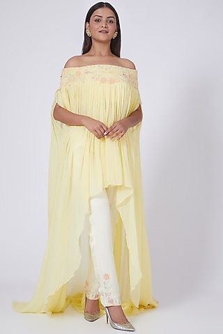 Lemon Yellow Aari Embroidered Georgette Kaftan Set by Dipti Chhabra