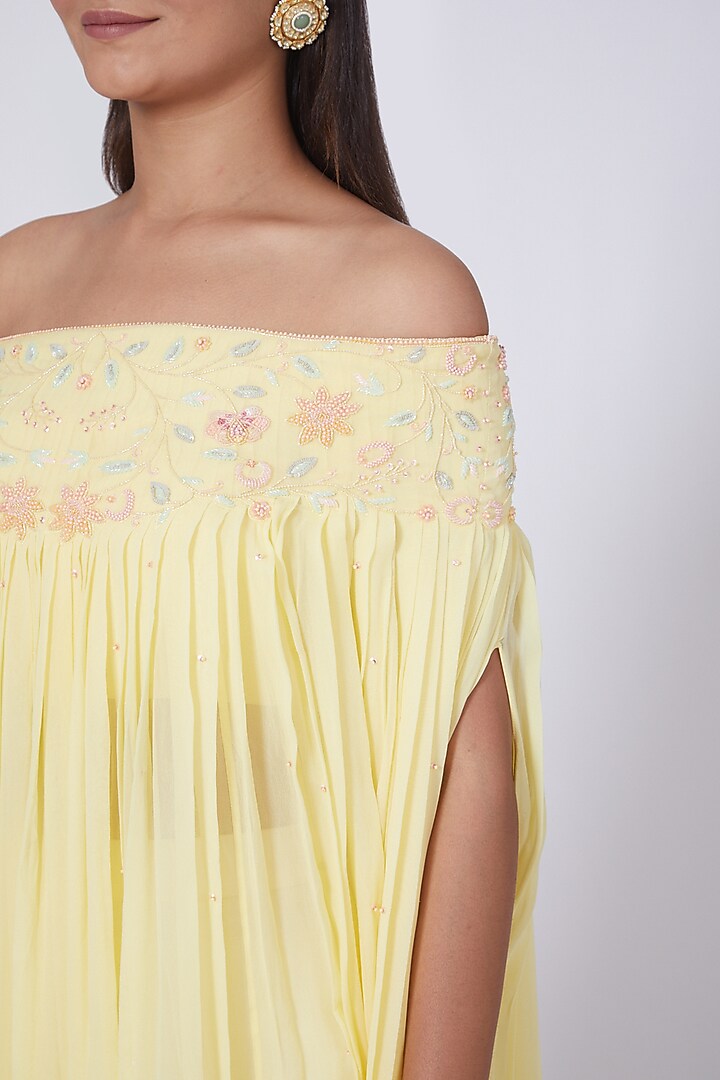 Lemon Yellow Aari Embroidered Georgette Kaftan Set by Dipti Chhabra at Pernia's Pop Up Shop