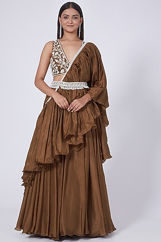 Brown Silk Flat Chiffon Ruffled Saree Set by Dipti Chhabra