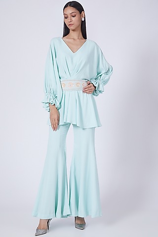 Sky Blue Silk Double Georgette Paneled Sharara Set by Dipti Chhabra