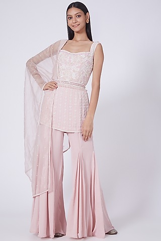 Daisy Pink Silk Double Georgette Sharara Set by Dipti Chhabra