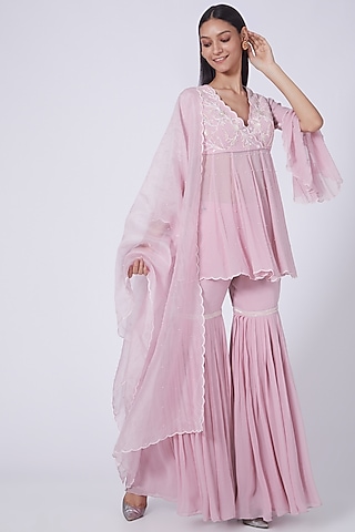 Blush Pink Silk Organza Sharara Set by Dipti Chhabra