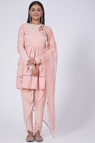 Peach Floral Hand Embroidered Angrakha Kurta Set by Dipti Chhabra