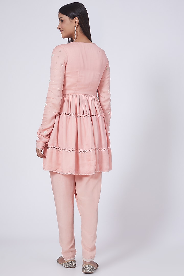 Peach Floral Hand Embroidered Angrakha Kurta Set by Dipti Chhabra at Pernia's Pop Up Shop