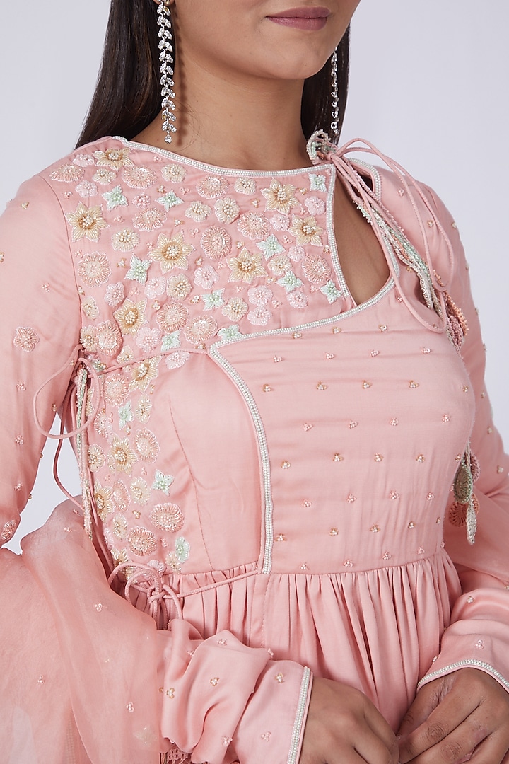 Peach Floral Hand Embroidered Angrakha Kurta Set by Dipti Chhabra at Pernia's Pop Up Shop