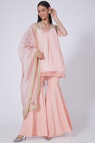 Peach Crepe Sharara Set by Dipti Chhabra