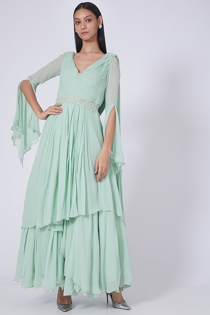 Mint Green Silk Georgette Anarkali Dress by Dipti Chhabra