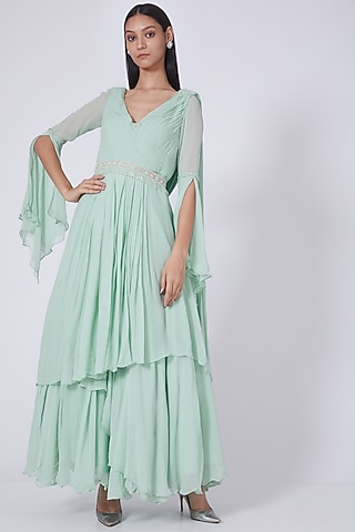 Mint Green Silk Georgette Anarkali Dress by Dipti Chhabra