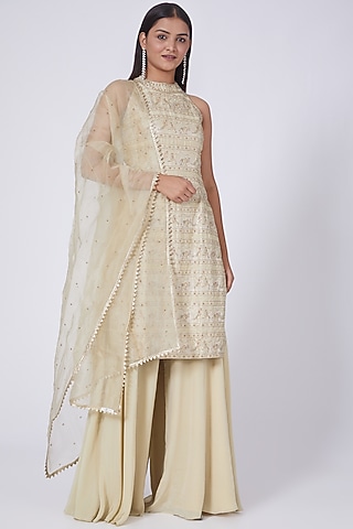 Beige Aari Embroidered Sharara Set by Dipti Chhabra
