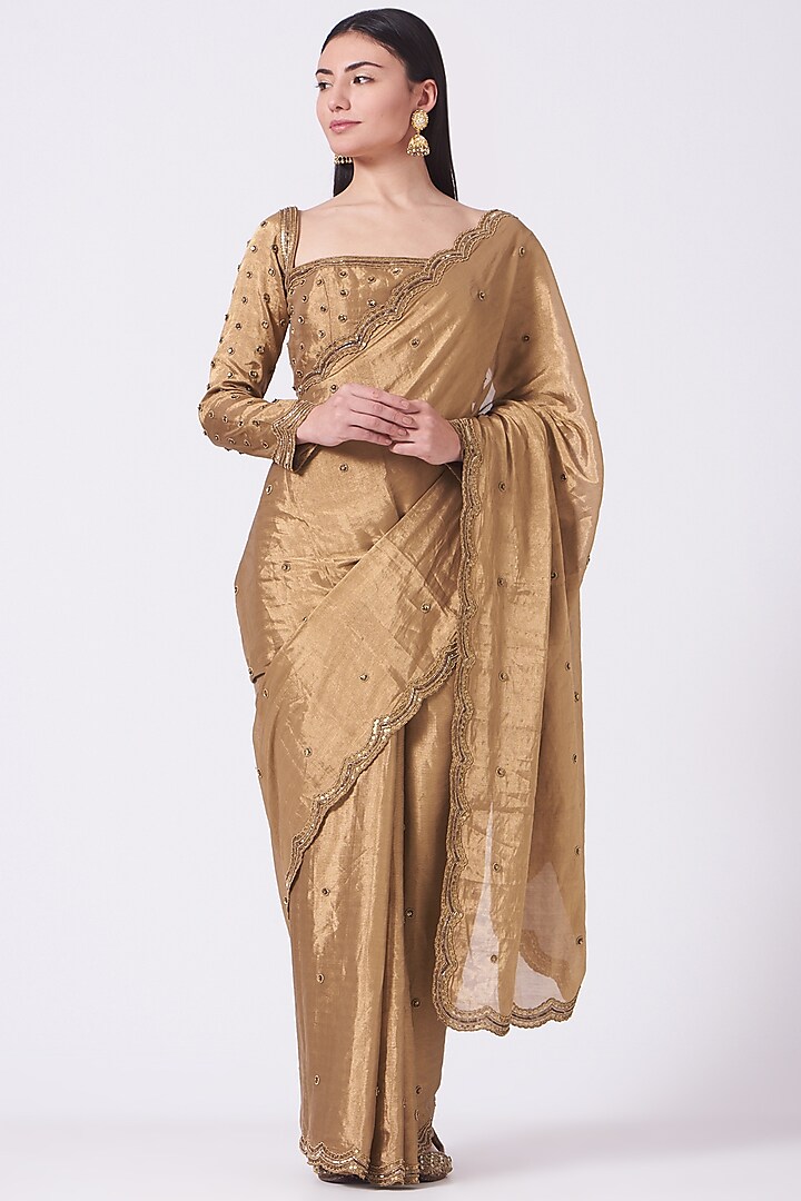 Gold Embroidered Handwoven Saree Set by Dipti Chhabra