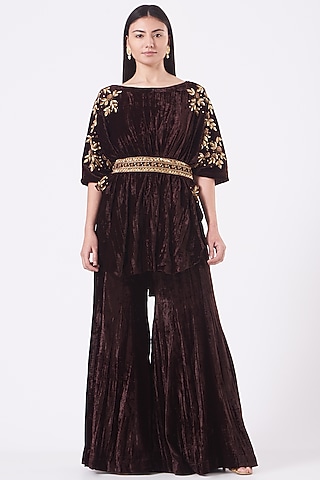 Dark Brown Embroidered Kaftan Set by Dipti Chhabra
