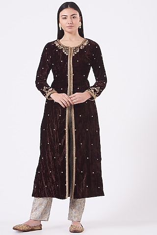 Dark Brown Embroidered Kurta Set by Dipti Chhabra