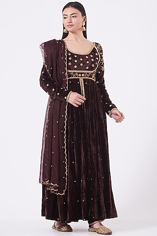 Dark Brown Embroidered Anarkali Set by Dipti Chhabra