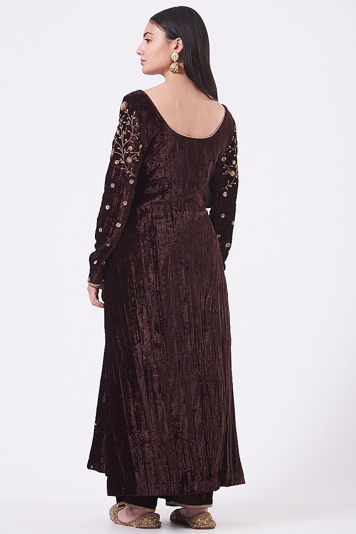 Dark Brown Embroidered Wedding Anarkali Set by Dipti Chhabra at Pernia's Pop Up Shop