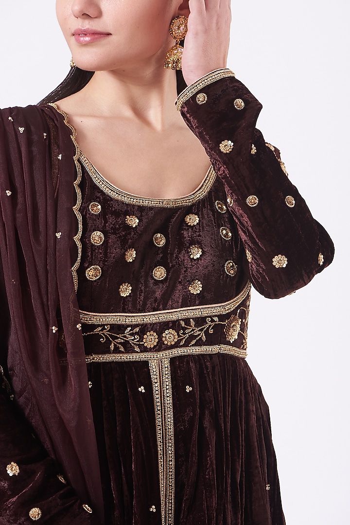 Dark Brown Embroidered Wedding Anarkali Set by Dipti Chhabra at Pernia's Pop Up Shop