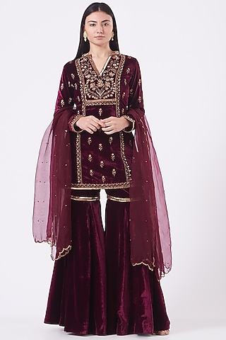 Wine Silk Velvet Sharara Set by Dipti Chhabra