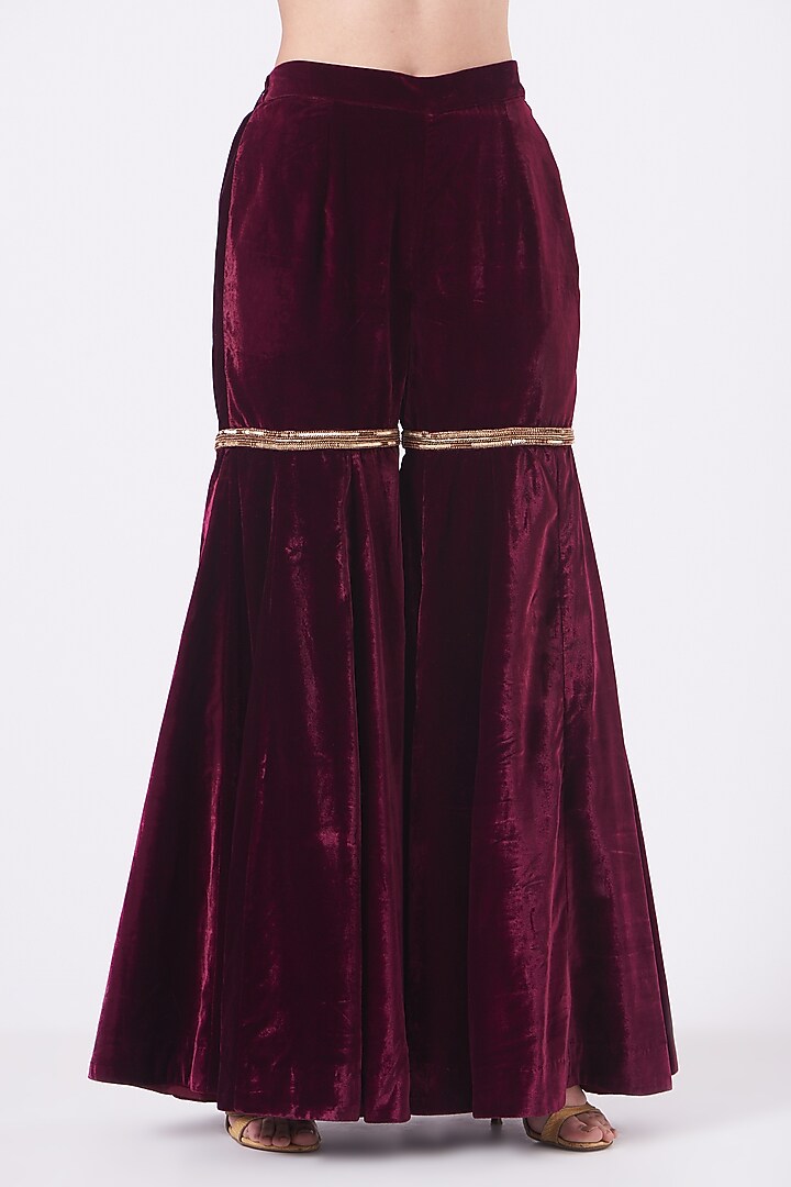 Wine Silk Velvet Wedding Sharara Set by Dipti Chhabra at Pernia's Pop Up Shop