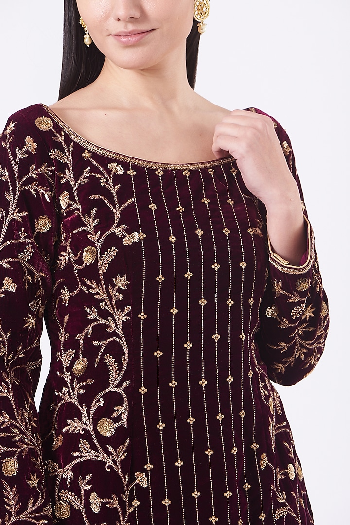 Wine Wedding Sharara Set In Silk Velvet by Dipti Chhabra at Pernia's Pop Up Shop