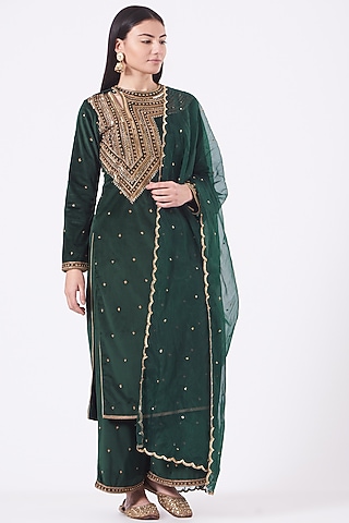 Bottle Green Embroidered Long Kurta Set by Dipti Chhabra