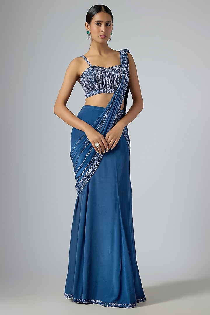 Blue Crepe Embellished Fish-Cut Draped Wedding Saree Set by Disha Patil at Pernia's Pop Up Shop