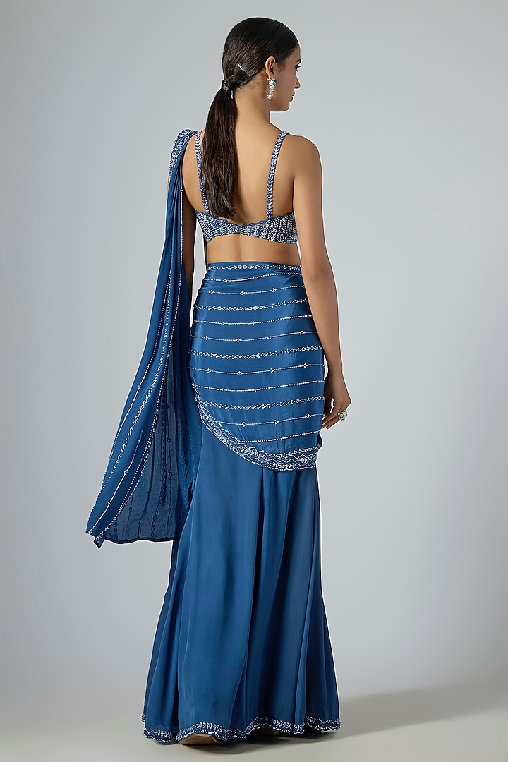 Blue Crepe Embellished Fish-Cut Draped Wedding Saree Set by Disha Patil at Pernia's Pop Up Shop