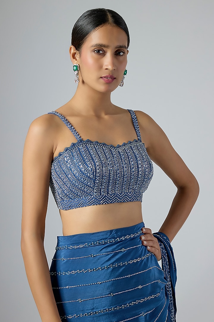 Blue Crepe Embellished Fish-Cut Draped Wedding Saree Set by Disha Patil at Pernia's Pop Up Shop