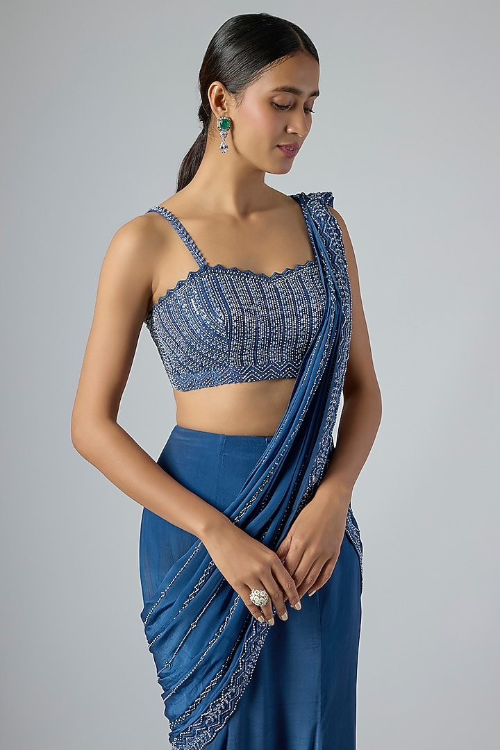 Blue Crepe Embellished Fish-Cut Draped Wedding Saree Set by Disha Patil at Pernia's Pop Up Shop