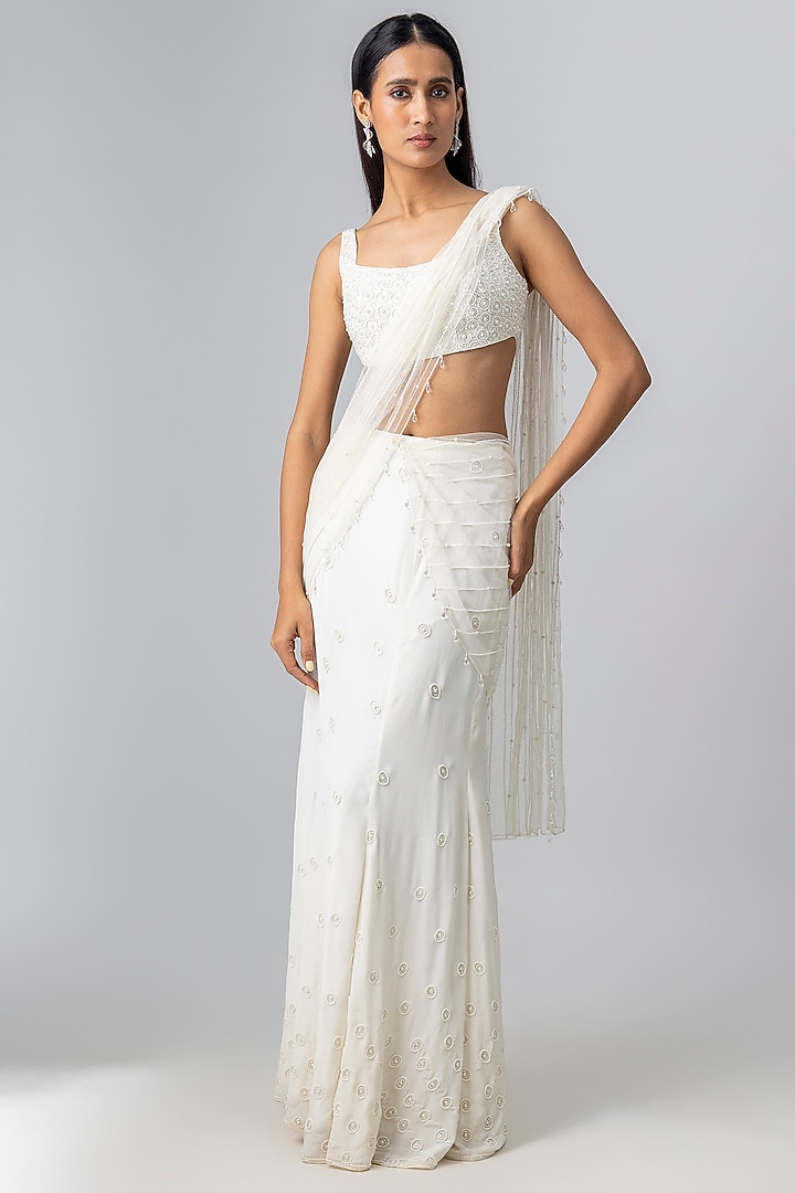 Ivory Crepe & Net Skirt Reception Saree Set by Disha Patil at Pernia's Pop Up Shop